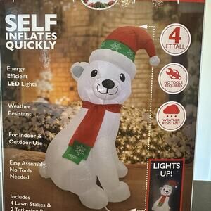 4ft Holiday Inflatable POLAR BEAR w/Hat Christmas LED Light Outdoor Lawn Decor